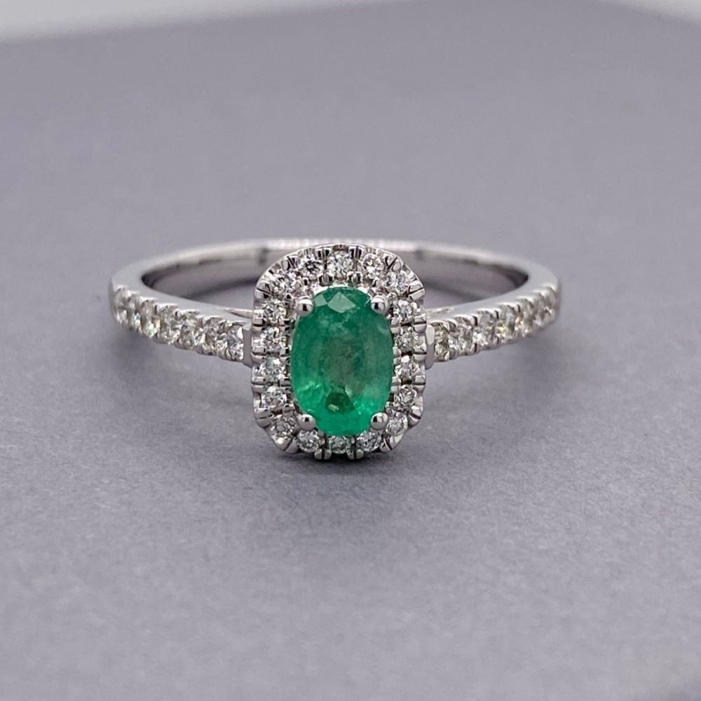 9ct White Gold Rectangular Emerald Surrounded By Diamond Halo With ...